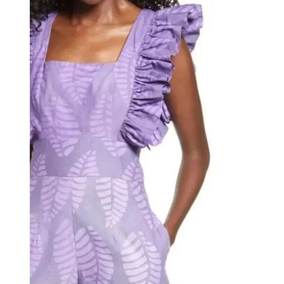 SIKA Tagoe leaf print light purple flutter sleeve long jumpsuit romper handmade - Picture 8 of 11